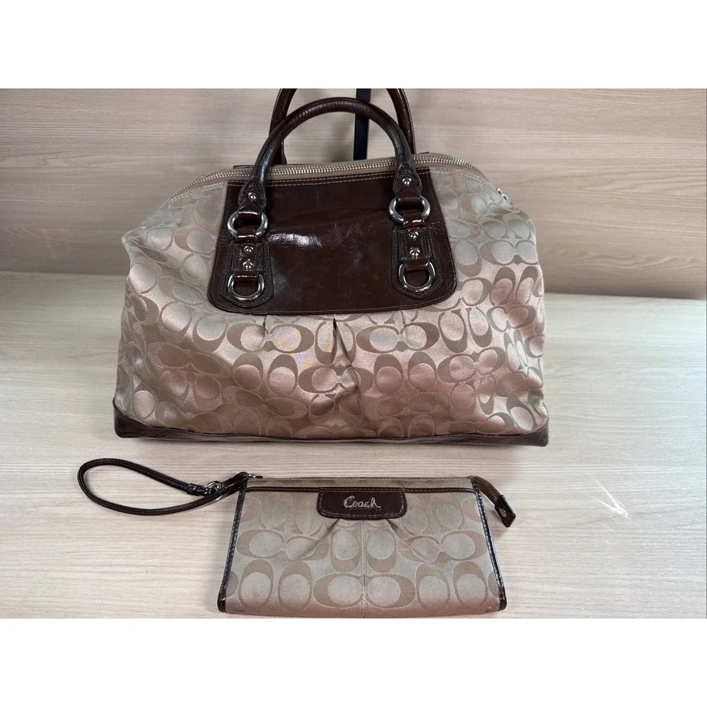 Coach Signature Sateen Ashley Satchel Bag with‎ Matching Wallet F15440 Tan Brown